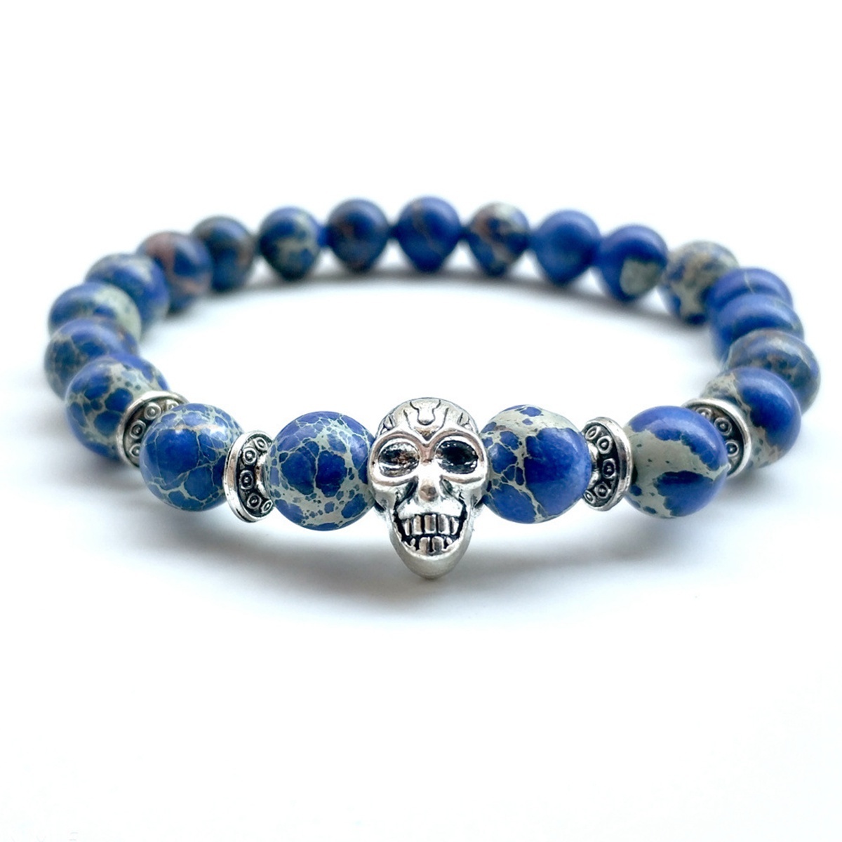 Royal Imperial Jasper Silver Skull  Stone Bracelet
