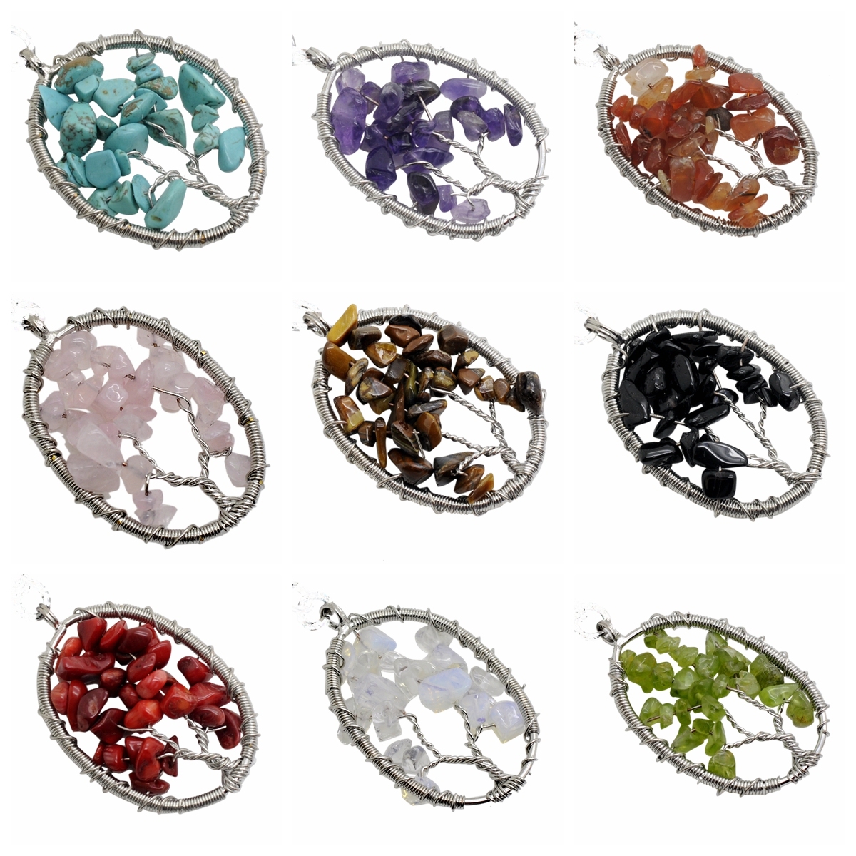 Handmade Woven Chip Gemstone Oval Life of Tree Pendant