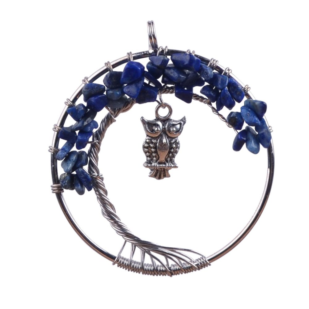Small Bird Owl Handmade Woven Chip Gemstone Round Life of Tree Pendant