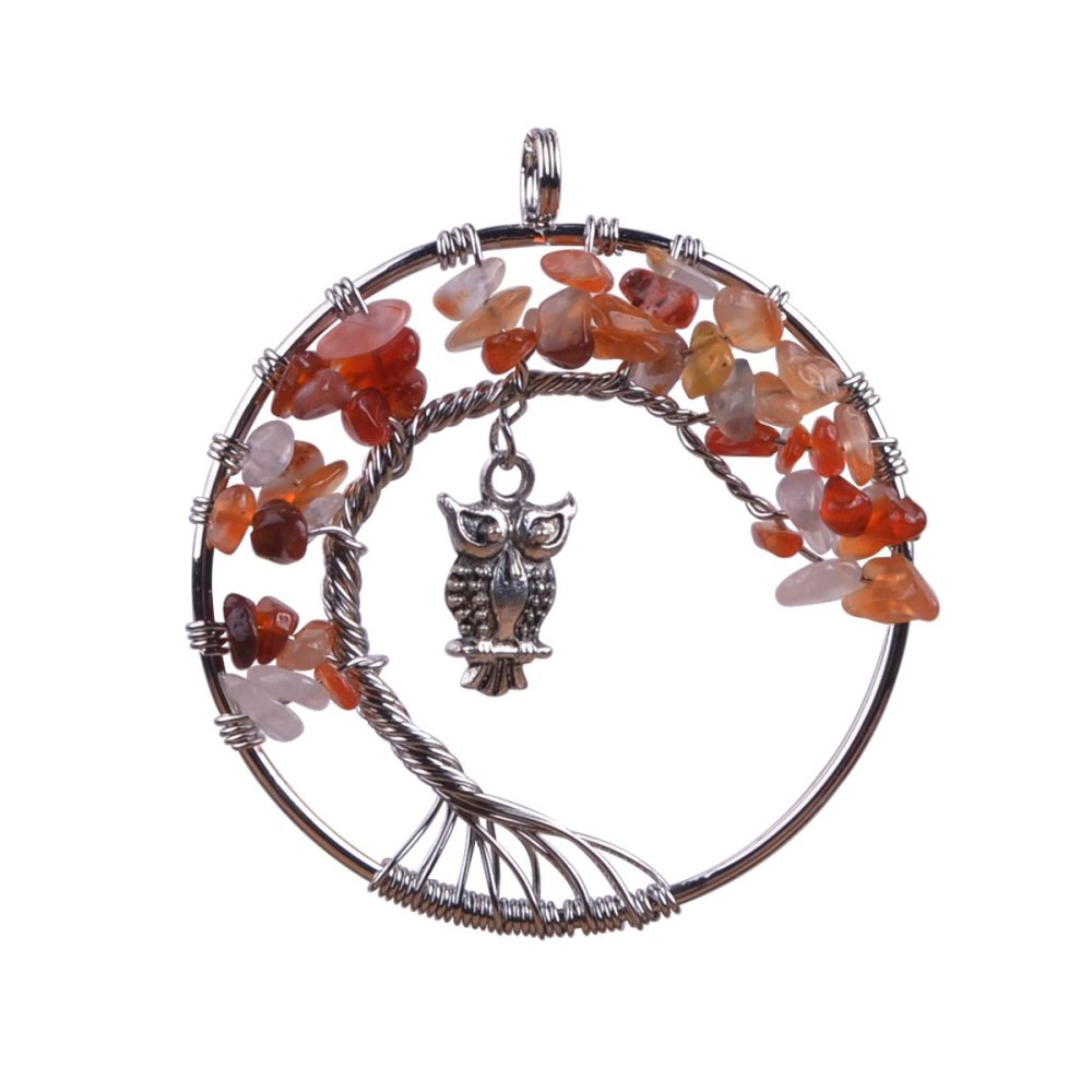 Small Bird Owl Handmade Woven Chip Gemstone Round Life of Tree Pendant