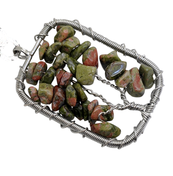 Woven Chip Gemstone Rectangle Life of Tree Pendant