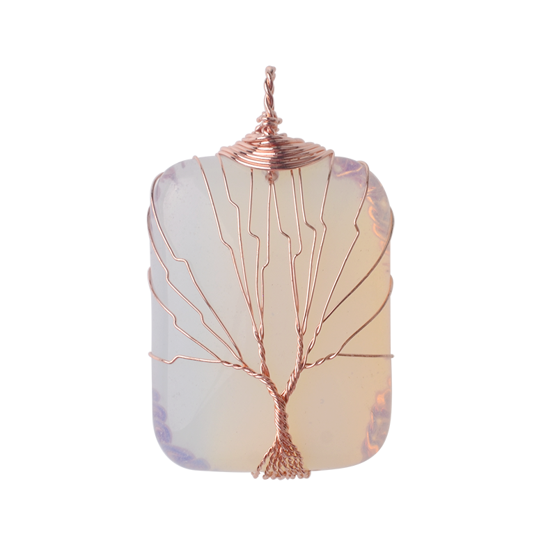 Rose Gold Rectangle Gemstone Life of Tree Pendant
