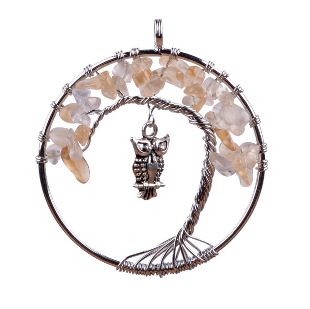 Small Bird Owl Handmade Woven Chip Gemstone Round Life of Tree Pendant