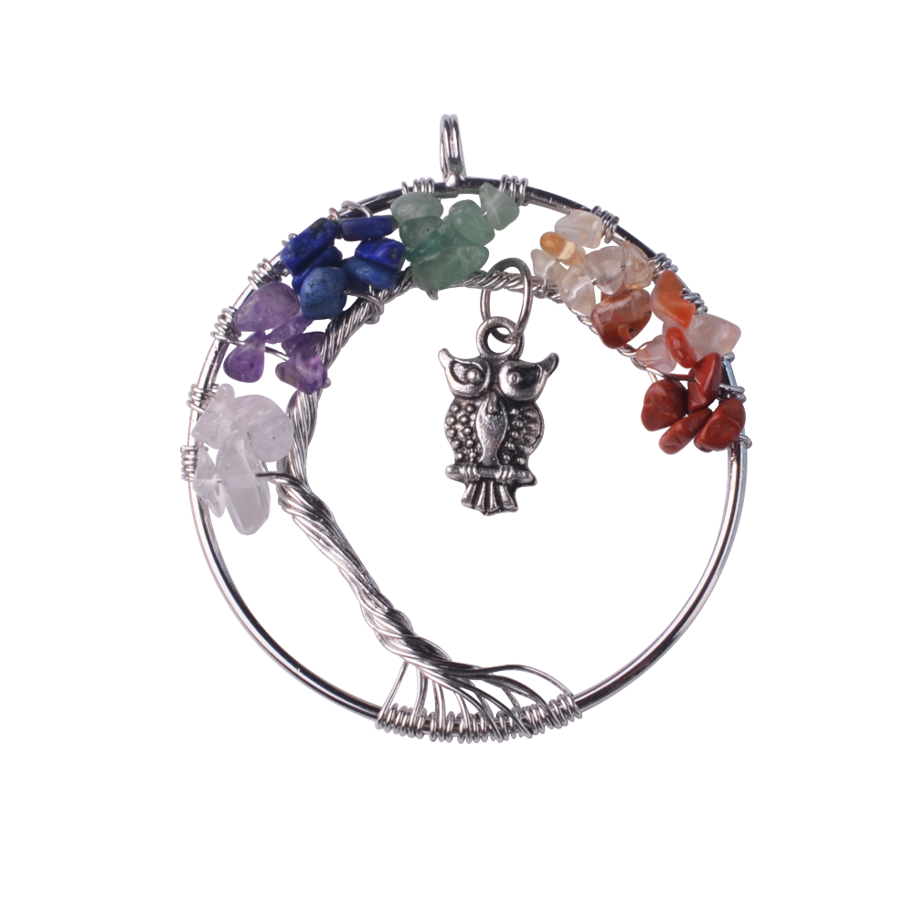Small Bird Owl Handmade Woven Chip Gemstone Round Life of Tree Pendant