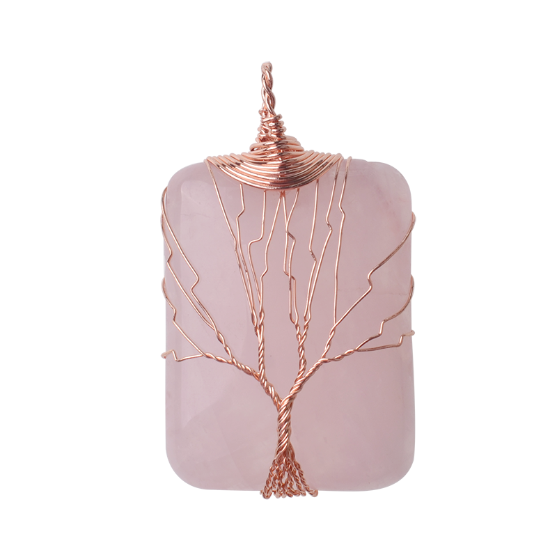 Rose Gold Rectangle Gemstone Life of Tree Pendant