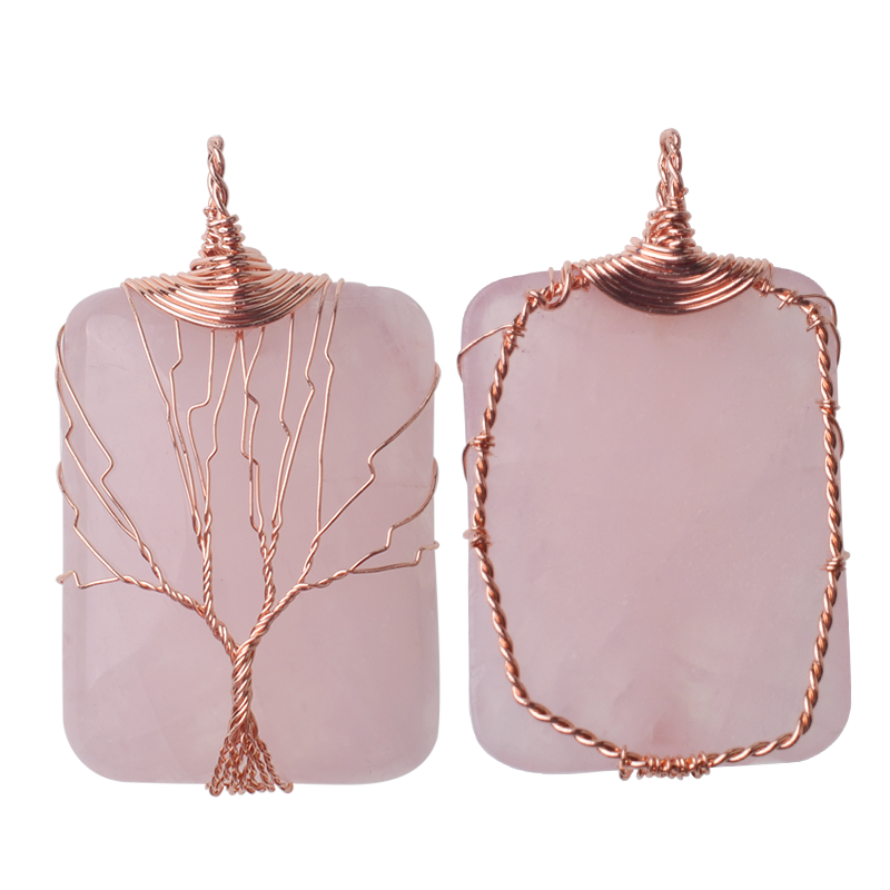 Rose Gold Rectangle Gemstone Life of Tree Pendant