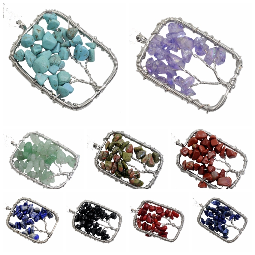 Woven Chip Gemstone Rectangle Life of Tree Pendant