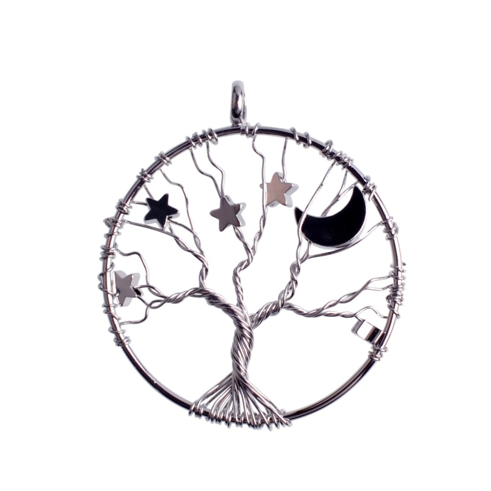 Silver Starry Sky Stone Tree Pendant  Moon and Star