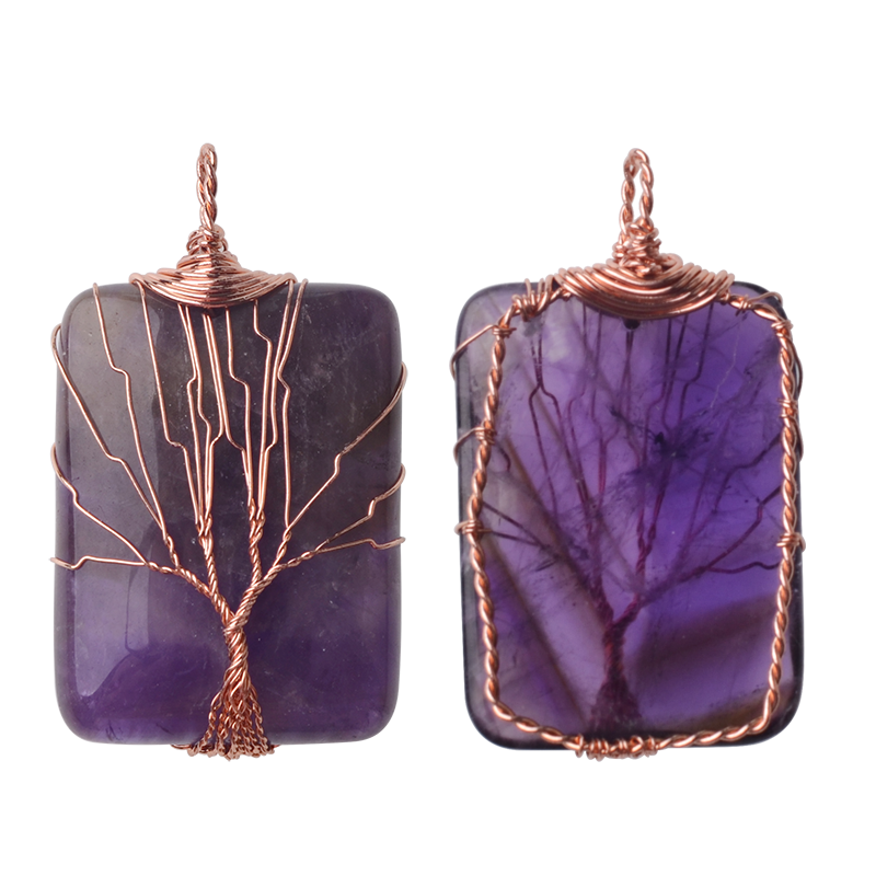 Rose Gold Rectangle Gemstone Life of Tree Pendant