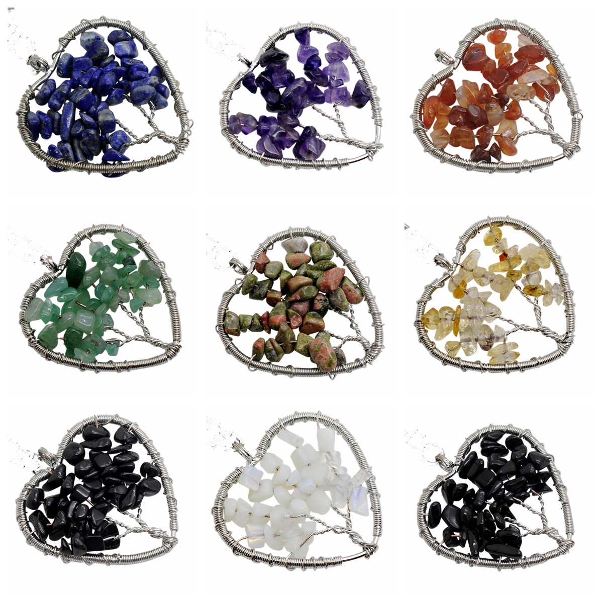 Handmade Woven Chip Gemstone Heartl Life of Tree Pendant