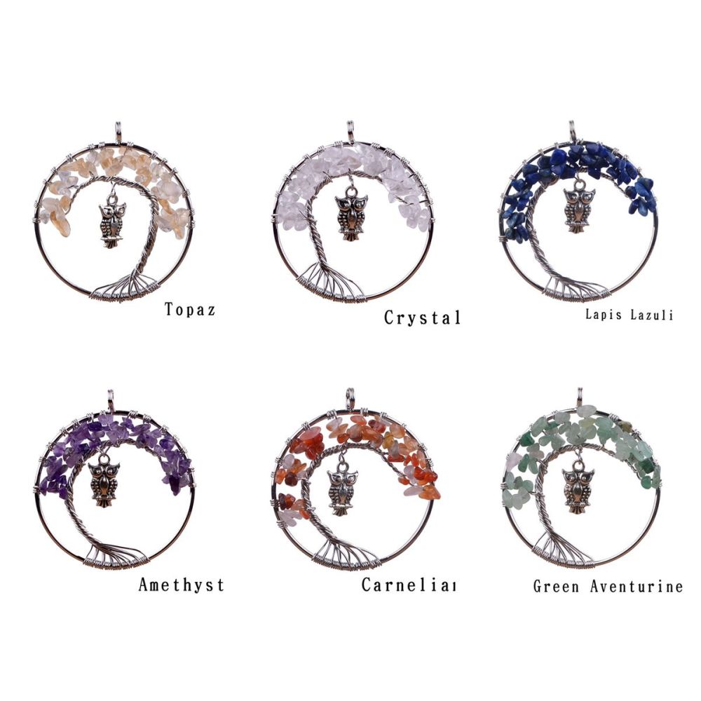 Small Bird Owl Handmade Woven Chip Gemstone Round Life of Tree Pendant