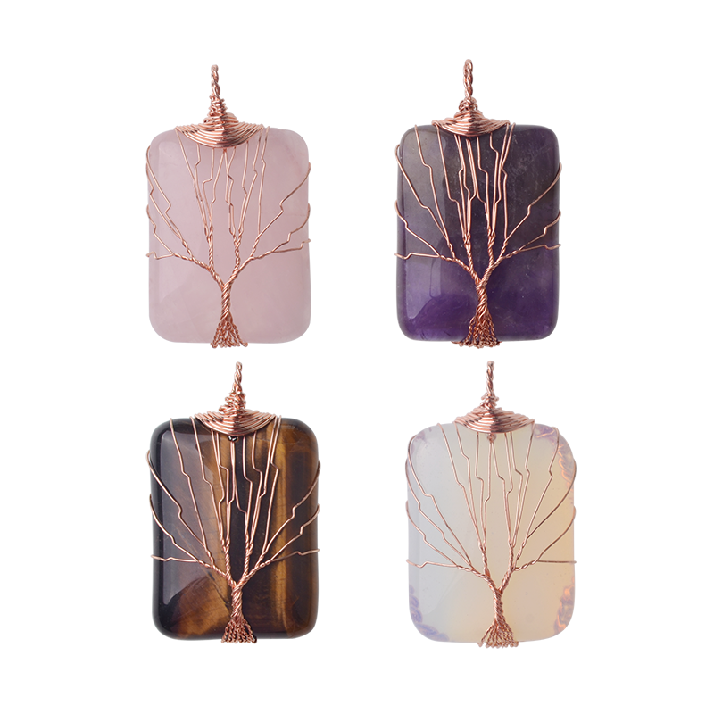 Rose Gold Rectangle Gemstone Life of Tree Pendant