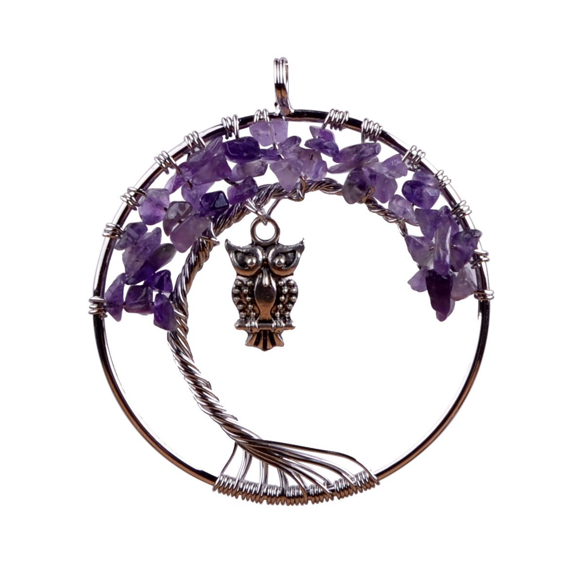 Small Bird Owl Handmade Woven Chip Gemstone Round Life of Tree Pendant