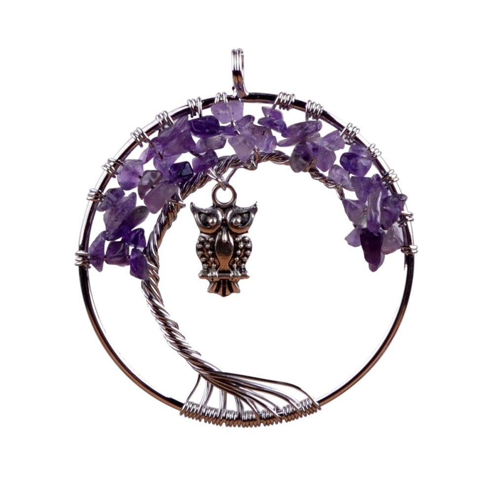 Small Bird Owl Handmade Woven Chip Gemstone Round Life of Tree Pendant