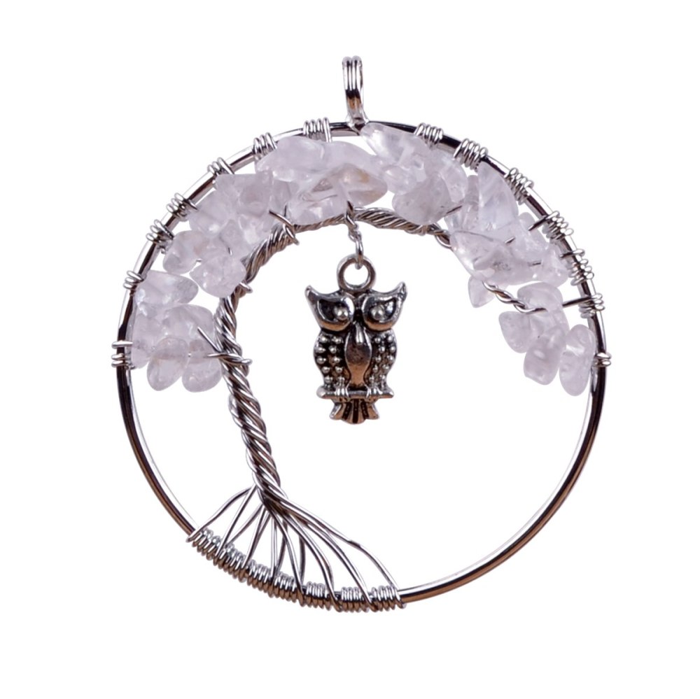 Small Bird Owl Handmade Woven Chip Gemstone Round Life of Tree Pendant