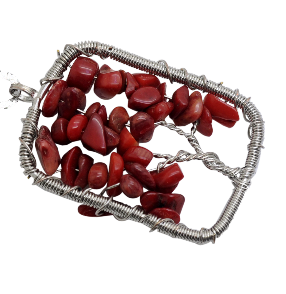 Woven Chip Gemstone Rectangle Life of Tree Pendant