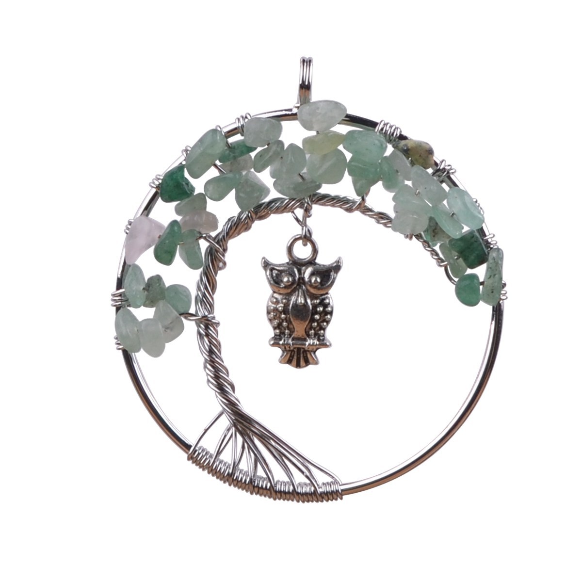 Small Bird Owl Handmade Woven Chip Gemstone Round Life of Tree Pendant