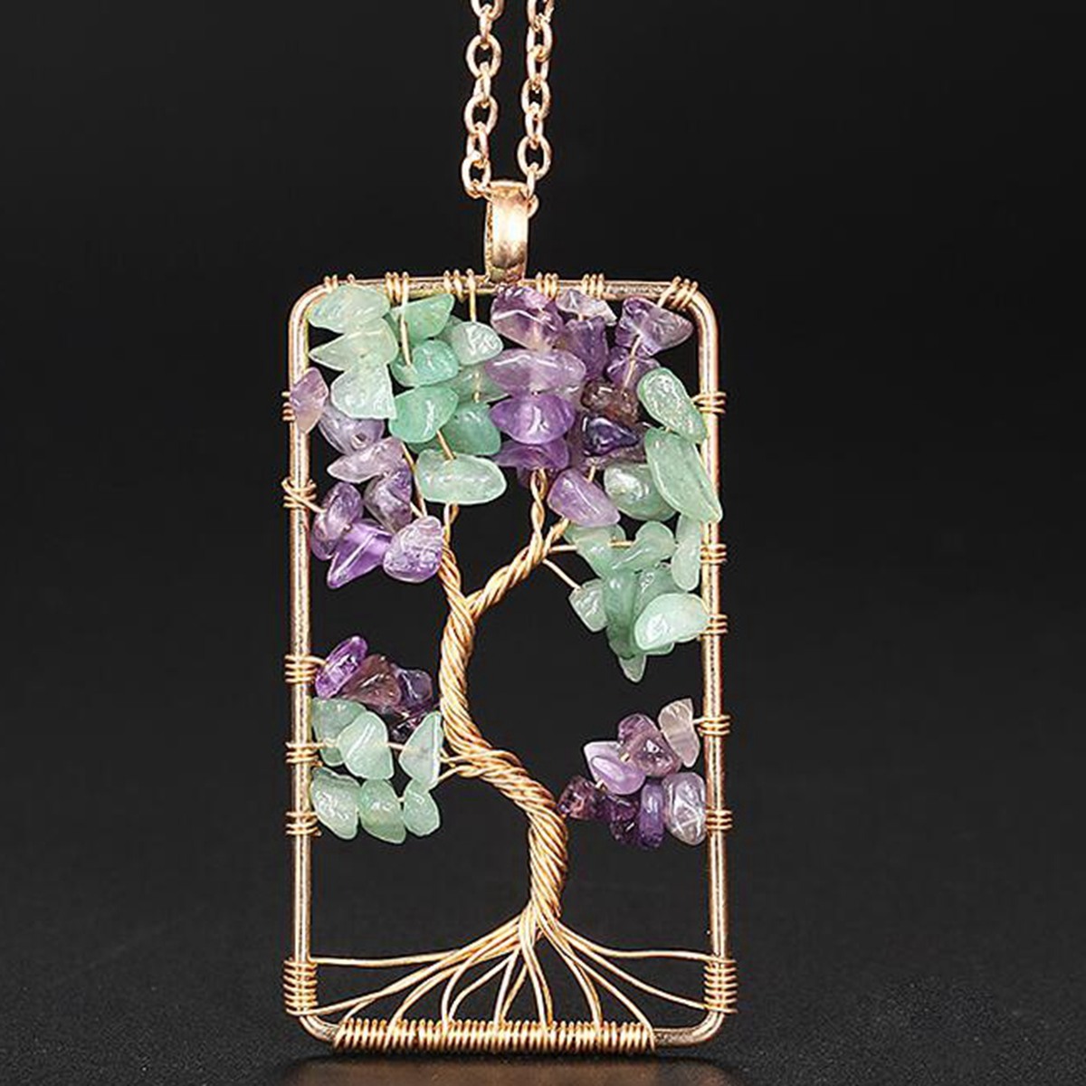 Rectangle Amethyst Aventurine Life of Tree Pendant
