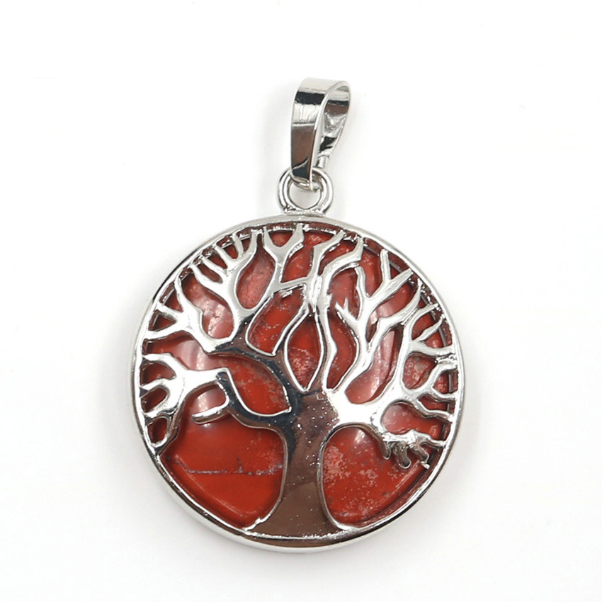 Round Charming Waterdrop Tree Of Life Pattern Gemstone Pendant