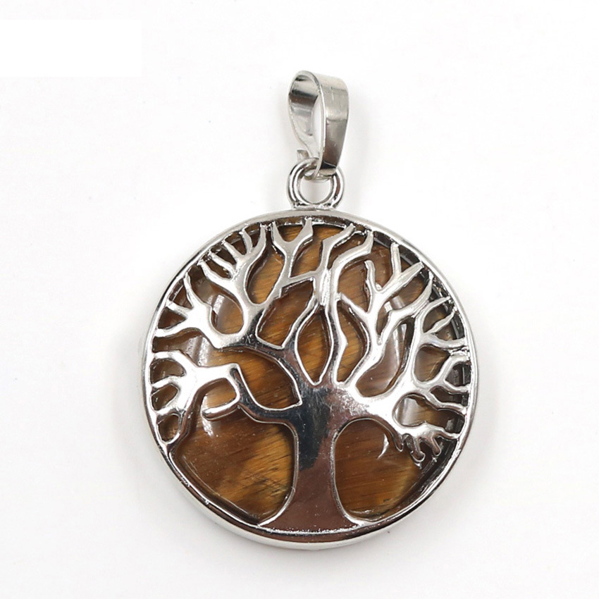 Round Charming Waterdrop Tree Of Life Pattern Gemstone Pendant