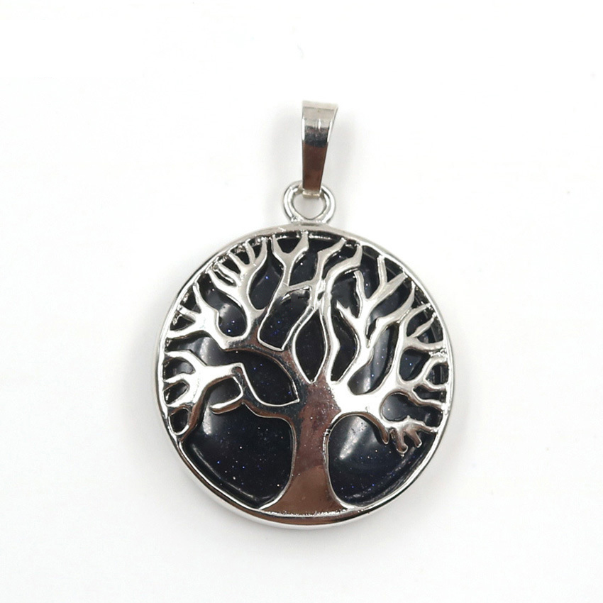 Round Charming Waterdrop Tree Of Life Pattern Gemstone Pendant