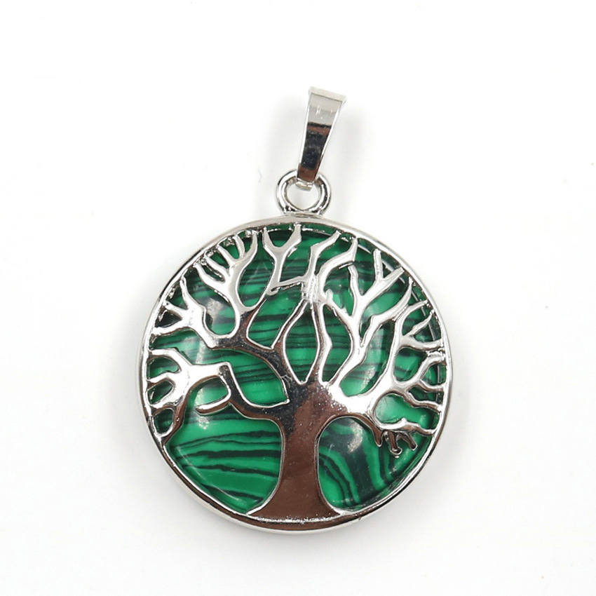 Round Charming Waterdrop Tree Of Life Pattern Gemstone Pendant
