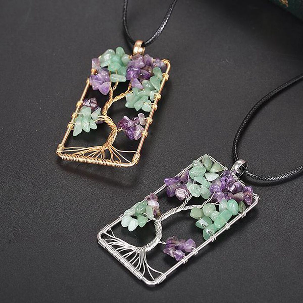 Rectangle Amethyst Aventurine Life of Tree Pendant