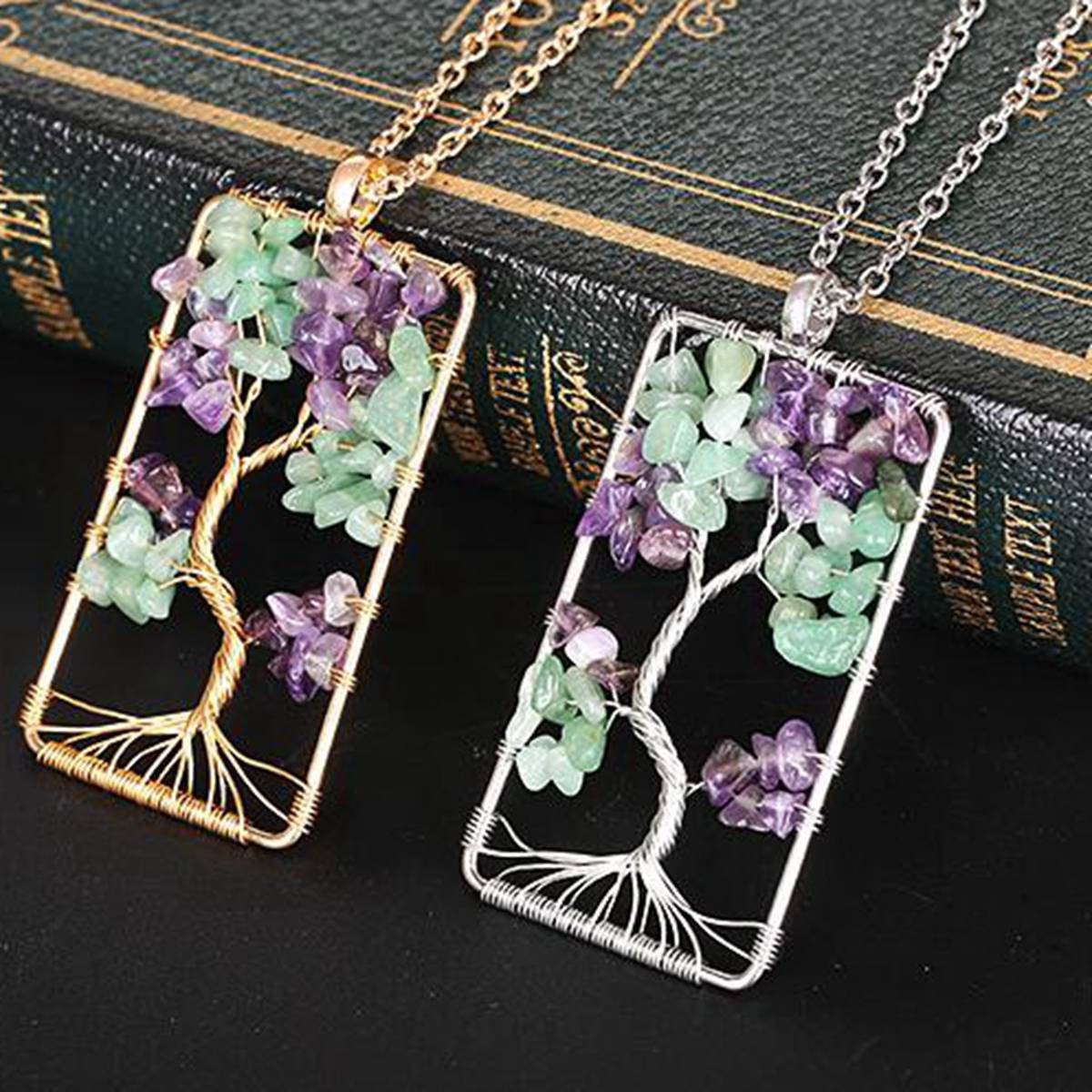 Rectangle Amethyst Aventurine Life of Tree Pendant