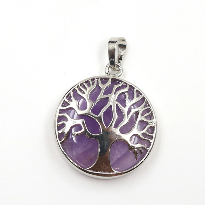 Round Charming Waterdrop Tree Of Life Pattern Gemstone Pendant