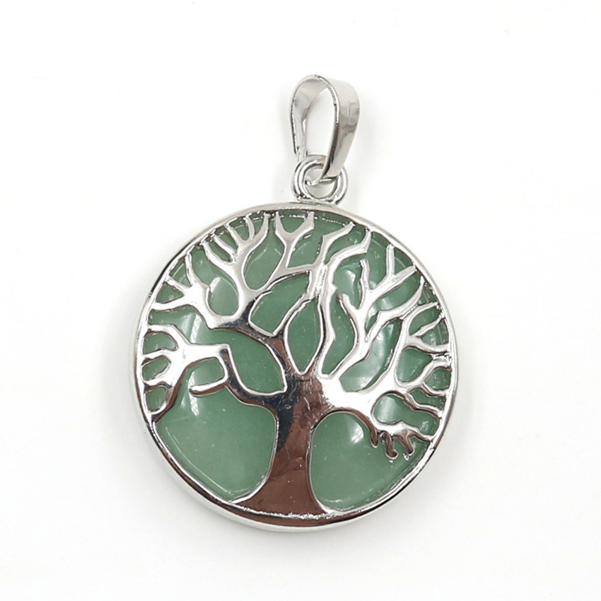 Round Charming Waterdrop Tree Of Life Pattern Gemstone Pendant