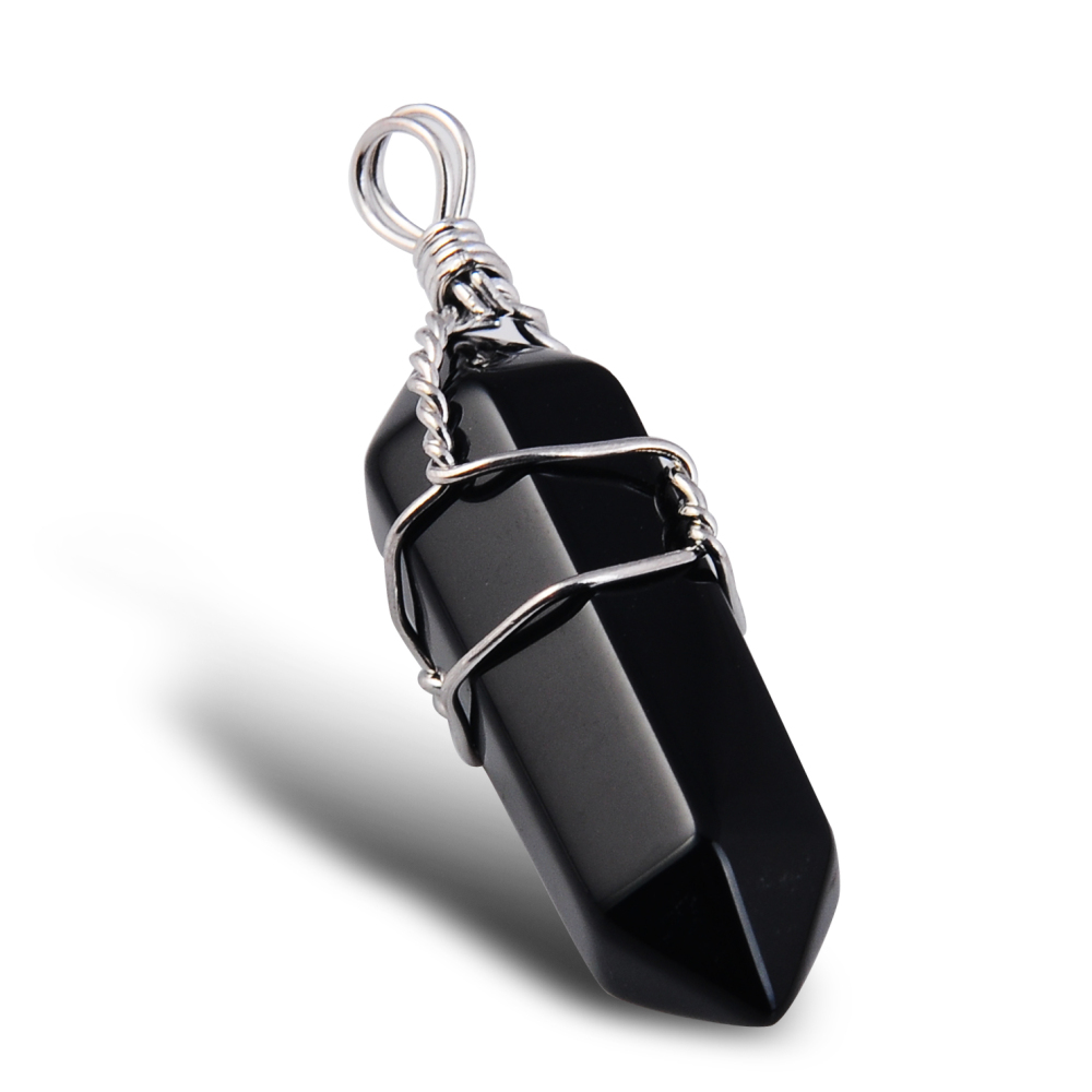Silver Wire Wrapped  Hexagonal Pillar Gemstone Pendant
