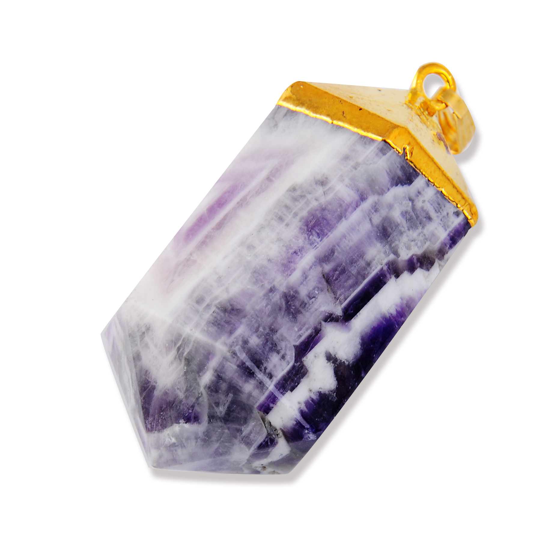 Gilded  Hexagonal Cylinder Gemstone Pendant Amethyst Turquoise