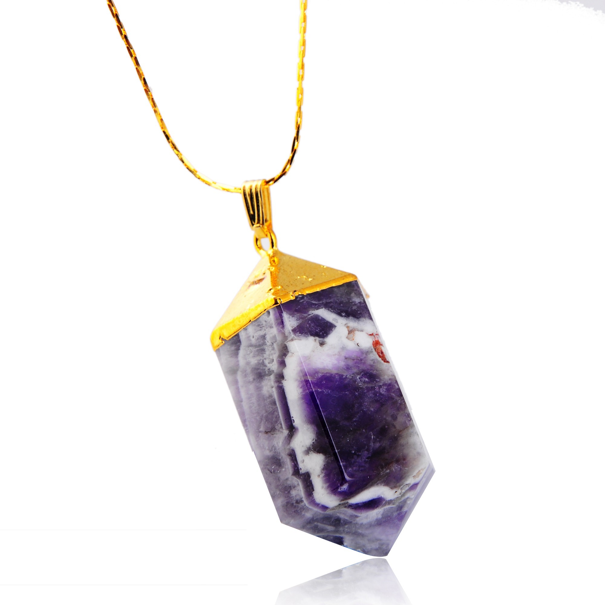 Gilded  Hexagonal Cylinder Gemstone Pendant Amethyst Turquoise