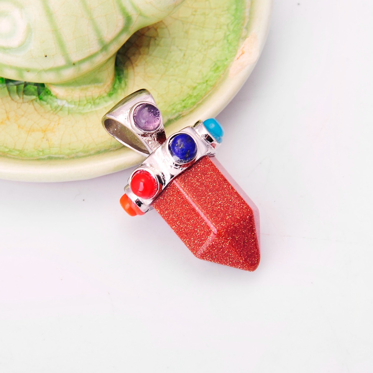 7 Chakra Hexagonal Cylinder Gemstone Crown Pendant 12X35MM