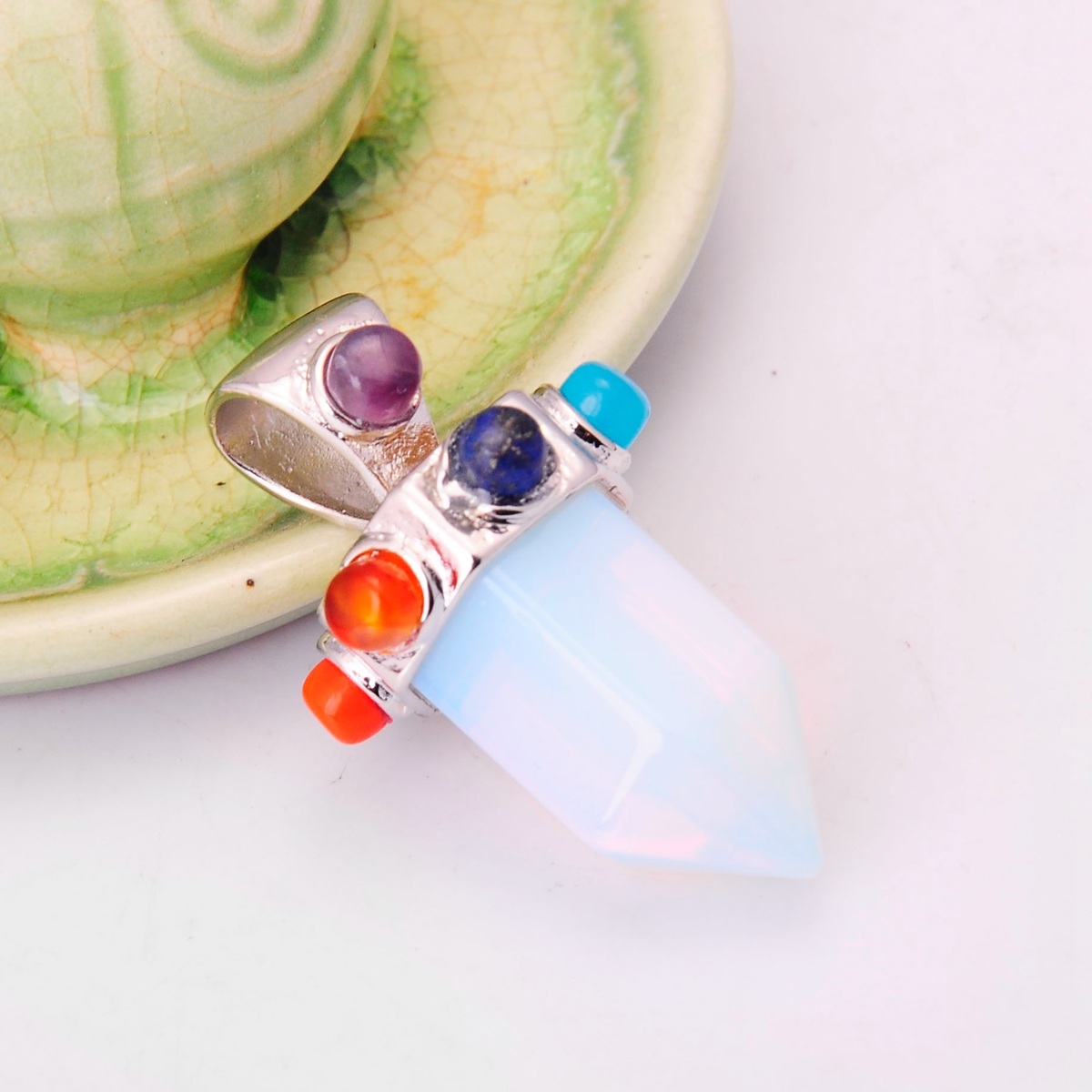 7 Chakra Hexagonal Cylinder Gemstone Crown Pendant 12X35MM
