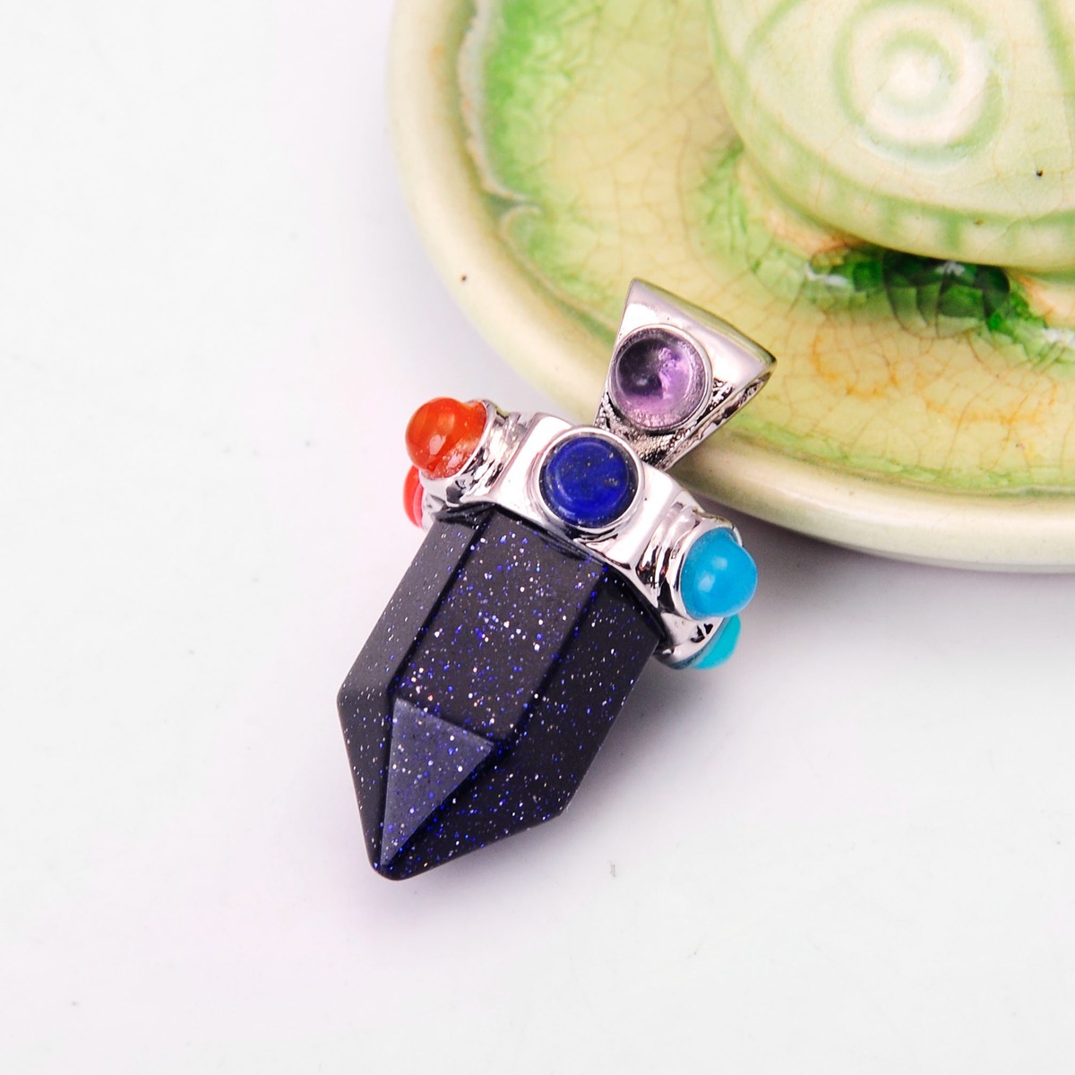 7 Chakra Hexagonal Cylinder Gemstone Crown Pendant 12X35MM