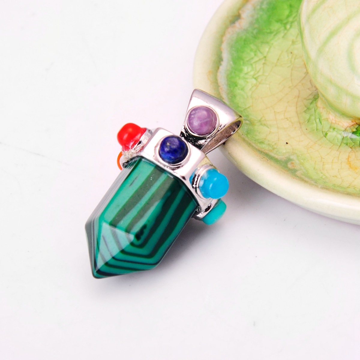 7 Chakra Hexagonal Cylinder Gemstone Crown Pendant 12X35MM