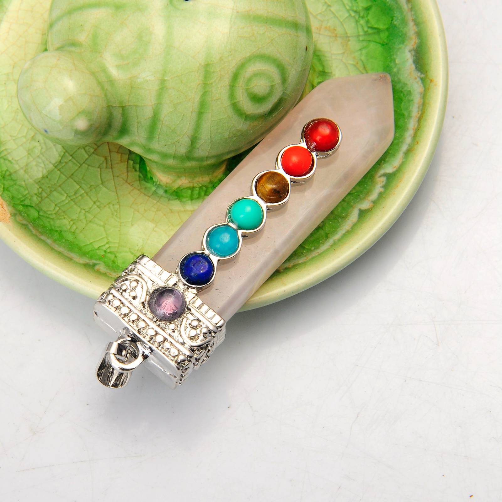 7 Chakra Silver Alloy Sword Gemstone Pendant