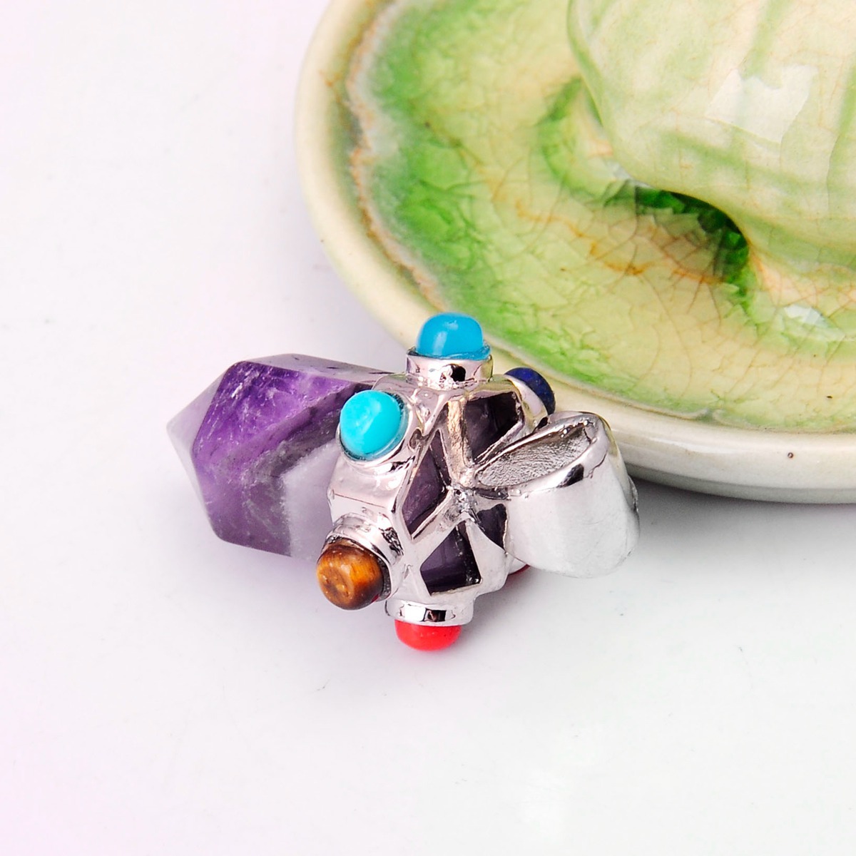 7 Chakra Hexagonal Cylinder Gemstone Crown Pendant 12X35MM