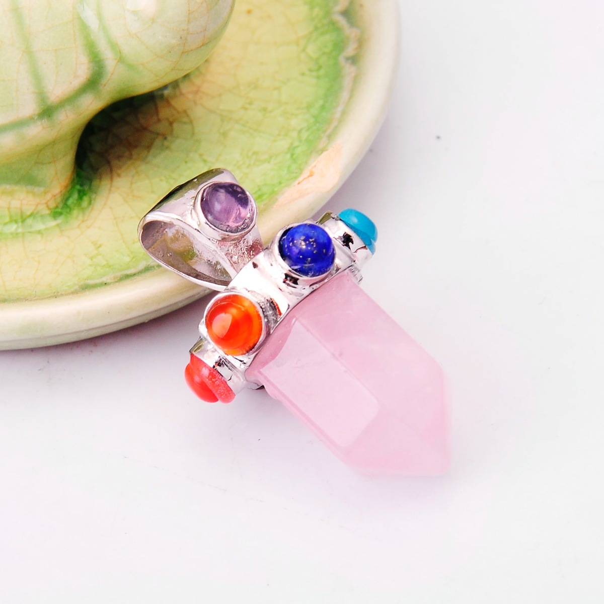 7 Chakra Hexagonal Cylinder Gemstone Crown Pendant 12X35MM