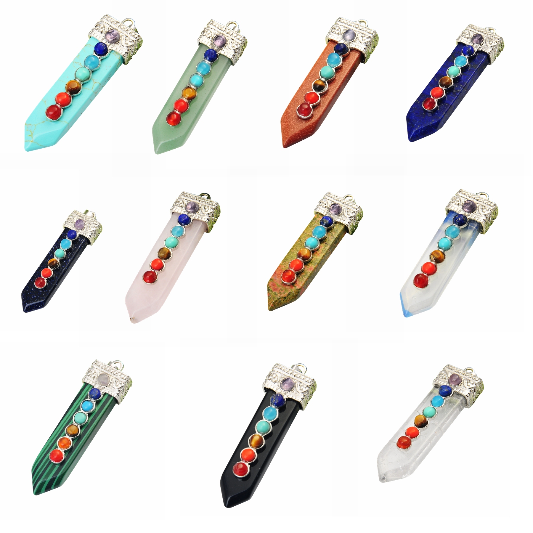 7 Chakra Silver Alloy Sword Gemstone Pendant