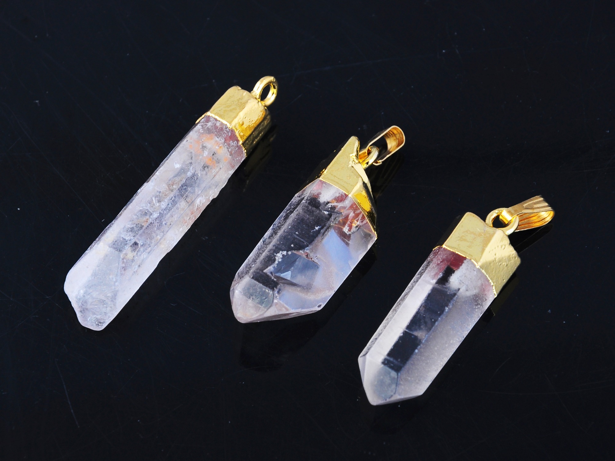 Gold Natural Raw Rock Crystal Pillar Pendant