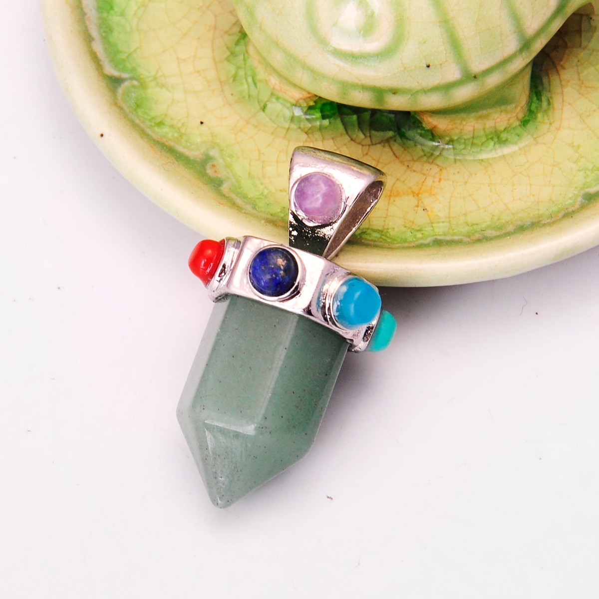 7 Chakra Hexagonal Cylinder Gemstone Crown Pendant 12X35MM
