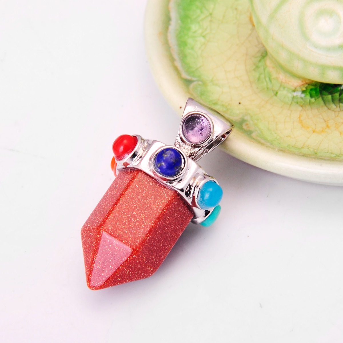 7 Chakra Hexagonal Cylinder Gemstone Crown Pendant 12X35MM