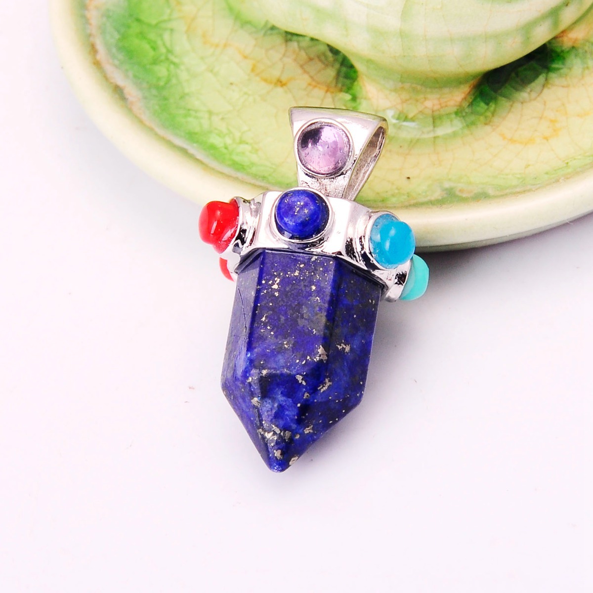7 Chakra Hexagonal Cylinder Gemstone Crown Pendant 12X35MM