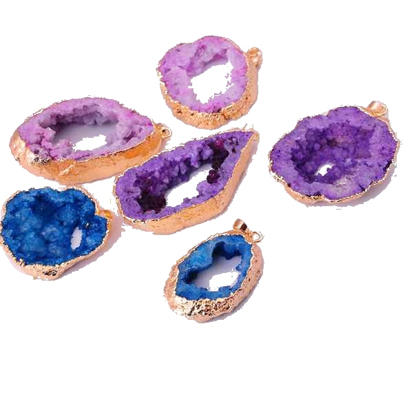 Gilded Natural Agate Crystal Cave Silce Pendant
