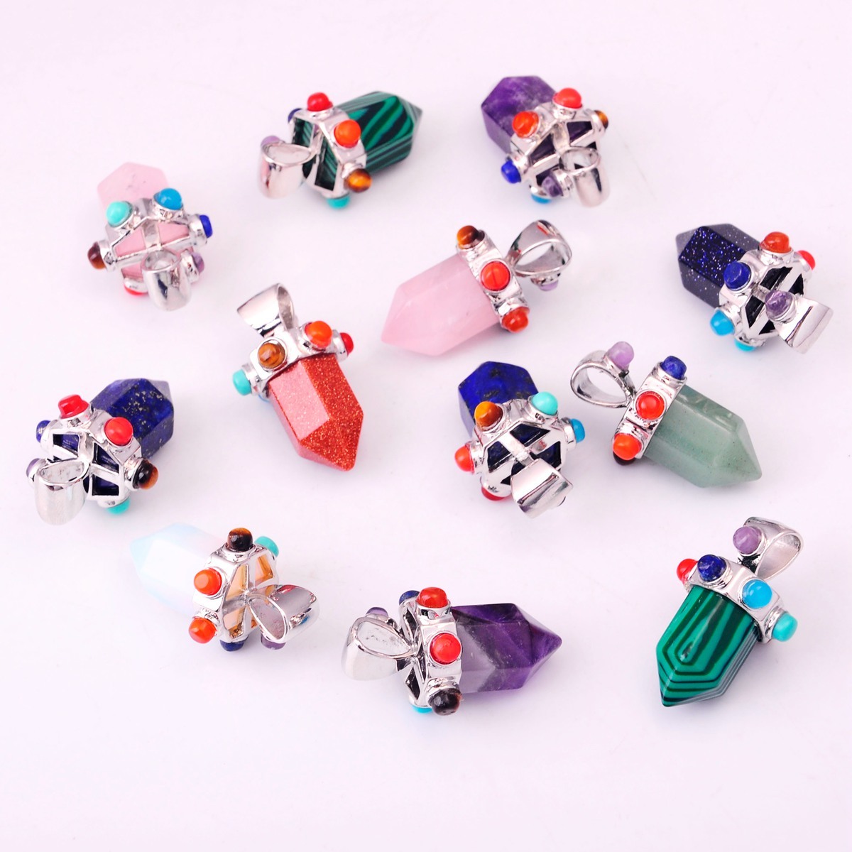 7 Chakra Hexagonal Cylinder Gemstone Crown Pendant 12X35MM