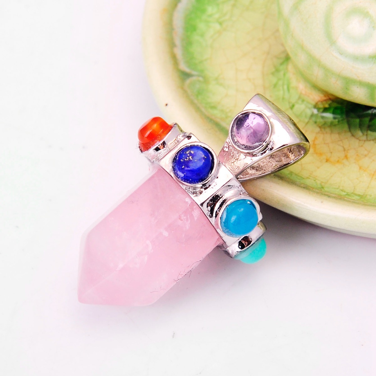 7 Chakra Hexagonal Cylinder Gemstone Crown Pendant 12X35MM