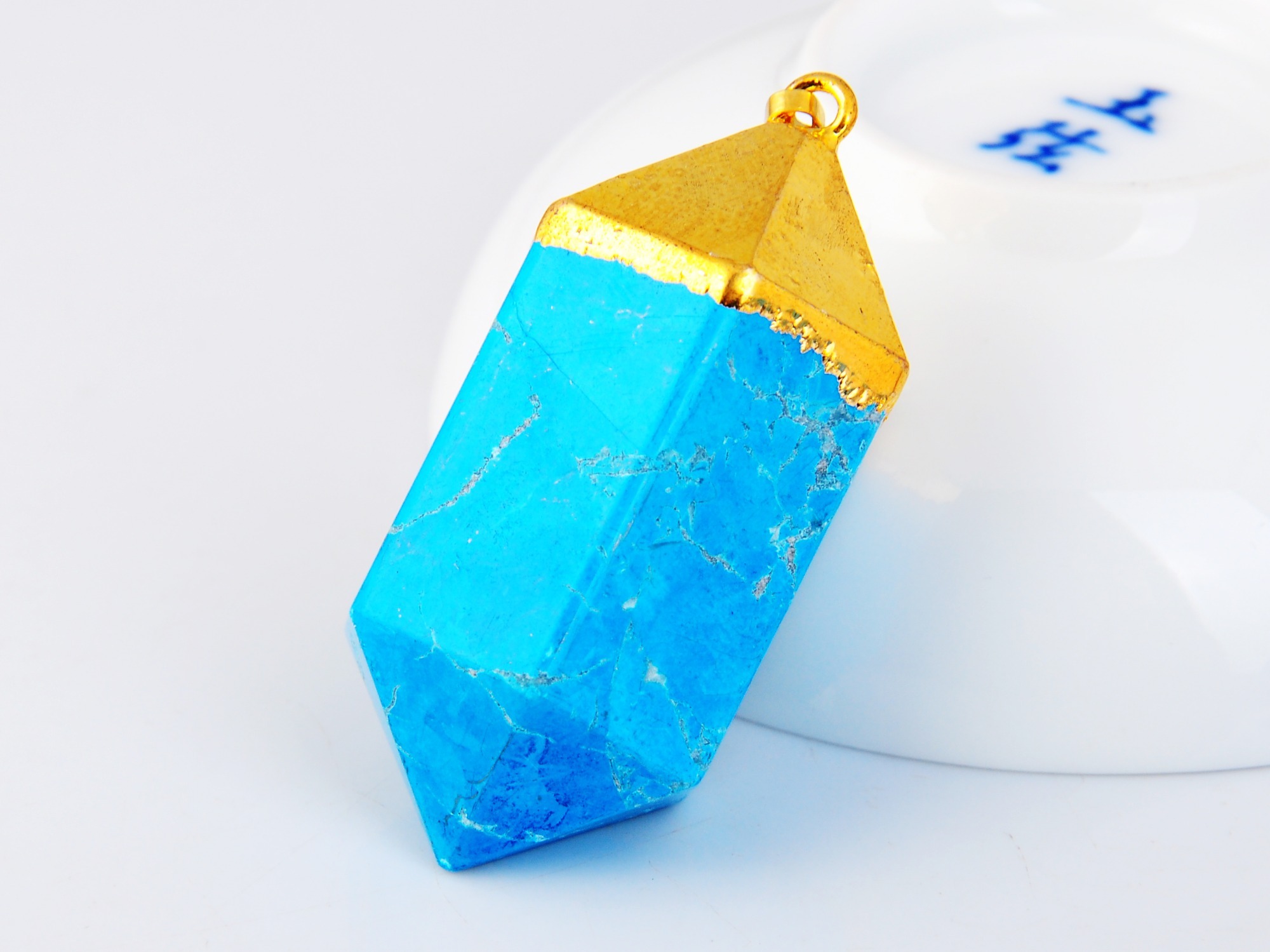 Gilded  Hexagonal Cylinder Gemstone Pendant Amethyst Turquoise