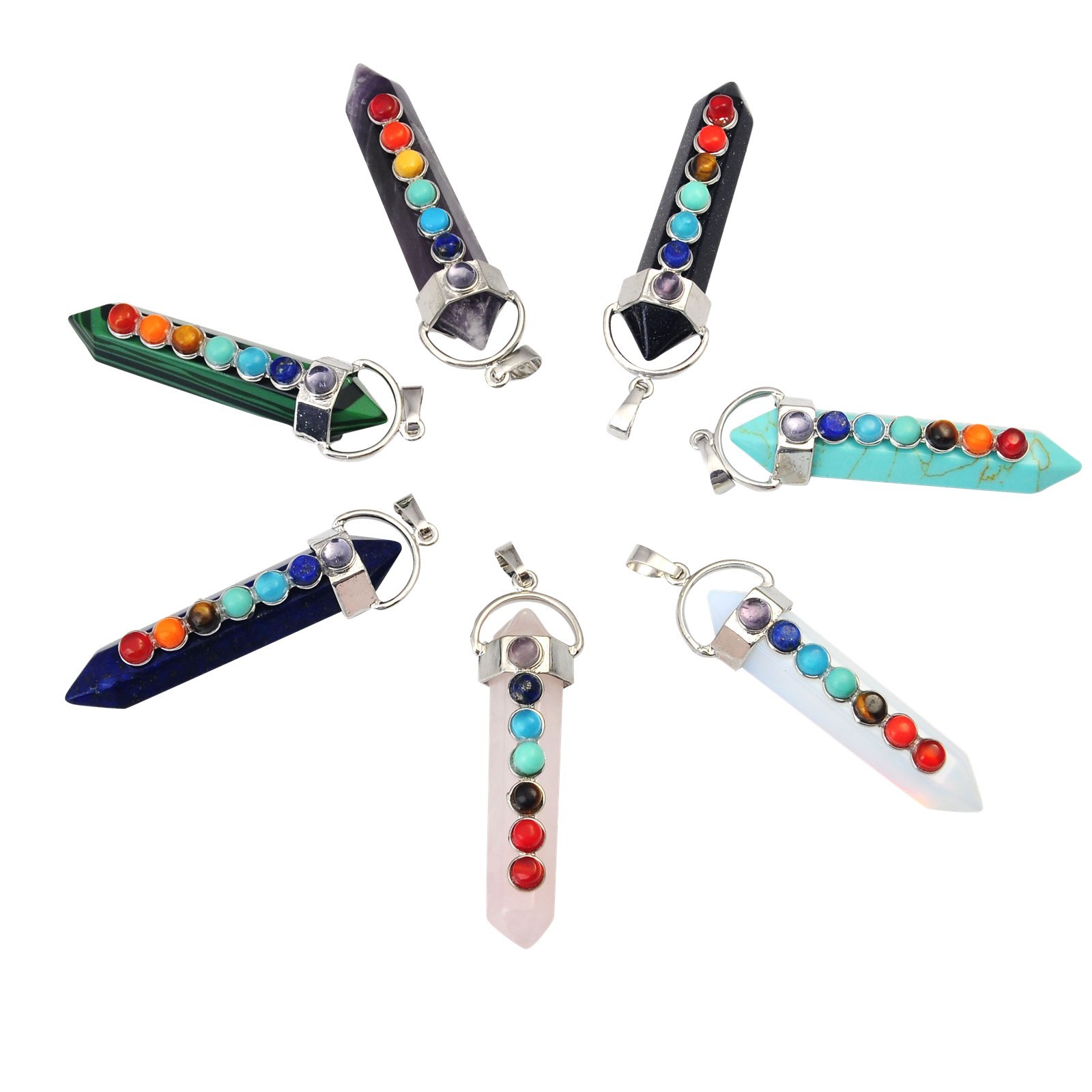 7 Chakra Hexagonal Cylinder Gemstone Pendant